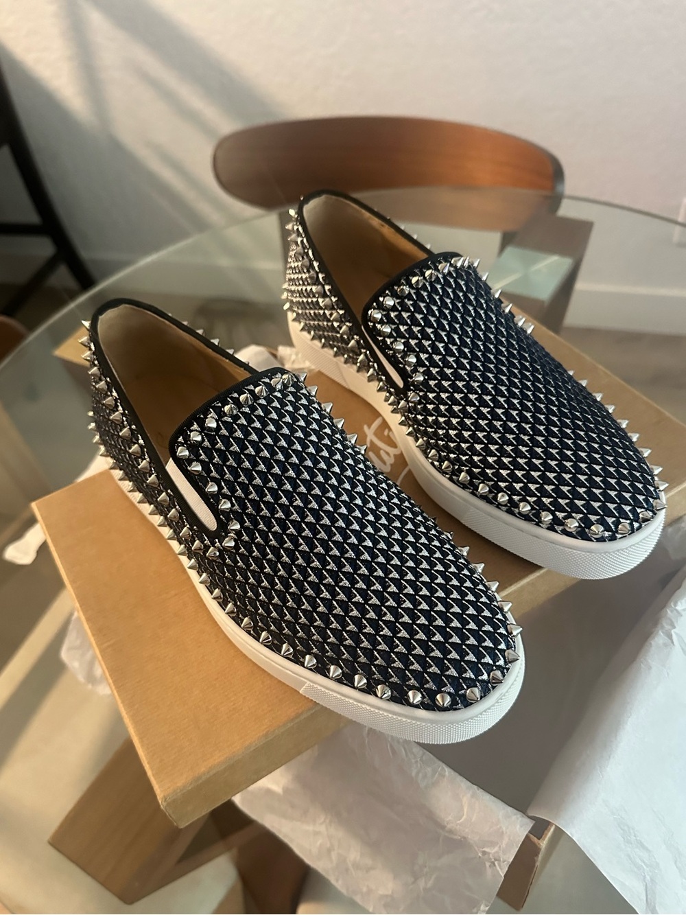 Christian Louboutin Navy Pyramid-Stud Slip-On Sneakers